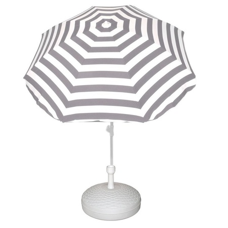 Voordelige set grijs/wit gestreepte parasol en parasolvoet wit