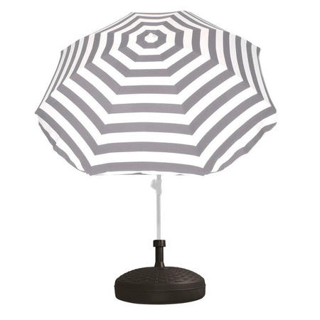 Voordelige set grijs/wit gestreepte parasol en parasolvoet zwart