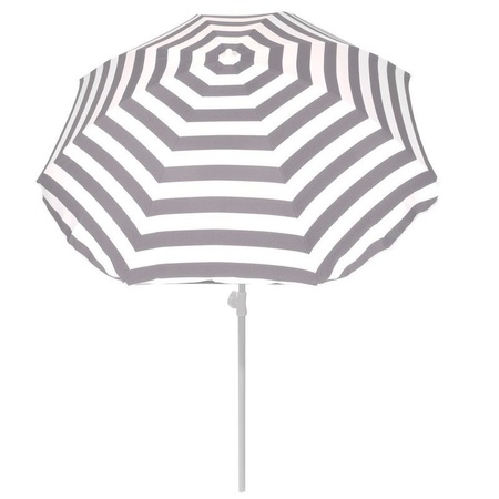 Voordelige set grijs/wit gestreepte parasol en parasolvoet zwart