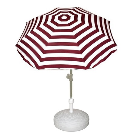 Voordelige set rood/wit gestreepte parasol en parasolvoet wit