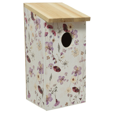 Vurenhouten vogelhuisjes/nestkastjes met bloemen print 12 x 13,5 x 26 cm