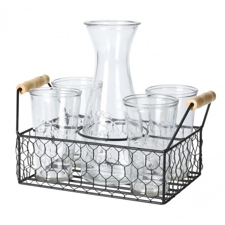 Water decanter with 4 glasses in basket