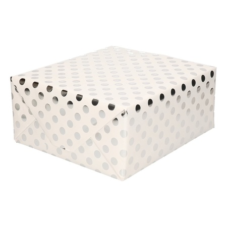 White foil wrappingpaper/giftwrapping silver dot 200 x 70 cm