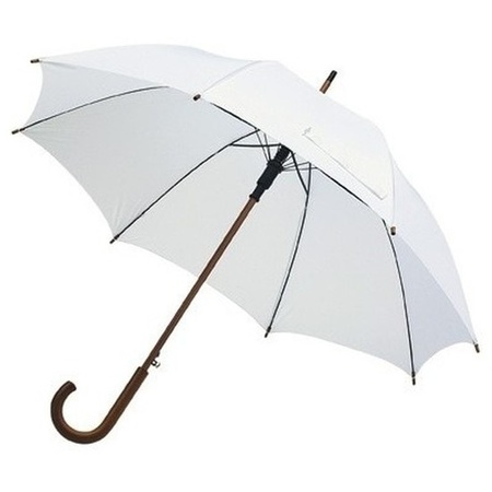 Witte luxe paraplu met houten handvat in haakvorm 103 cm