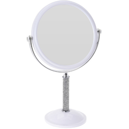 White make-up mirror with rhinestones round doublesided 17,5 x 33 cm
