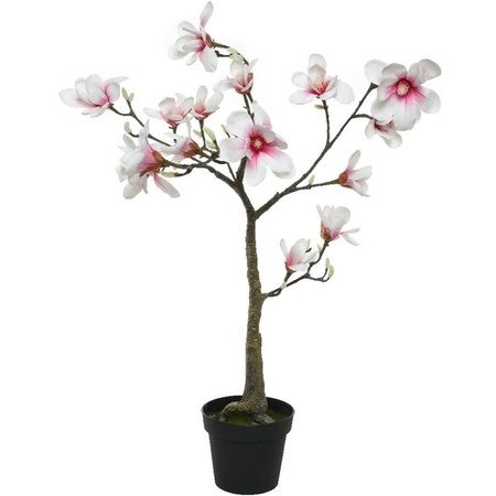 Witte/roze Magnolia/beverboom kunsttak kunstplant 102 cm in pot