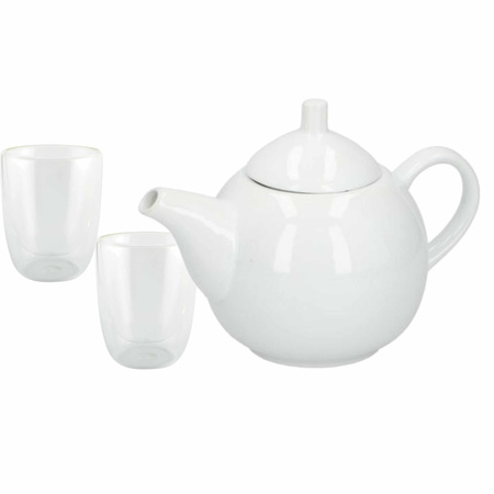 White ceramic teapot 1 liter with 2x heat resistent teaglasses of 300 ml