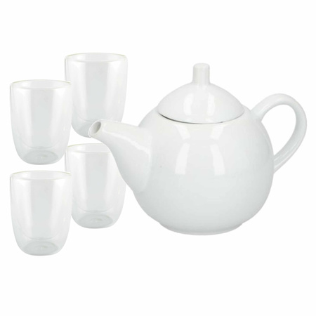 White ceramic teapot 1 liter with 4x heat resistent teaglasses of 300 ml