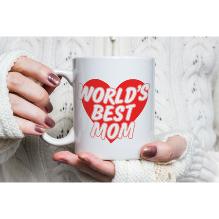 Worlds best mom kado mok / beker wit met rood hart - Moederdag / verjaardag 