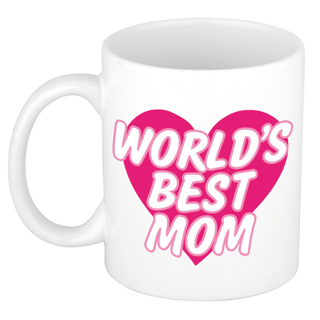 Worlds best mom kado mok / beker wit met roze hart - Moederdag / verjaardag 