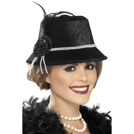 Black hat with pearls and flower