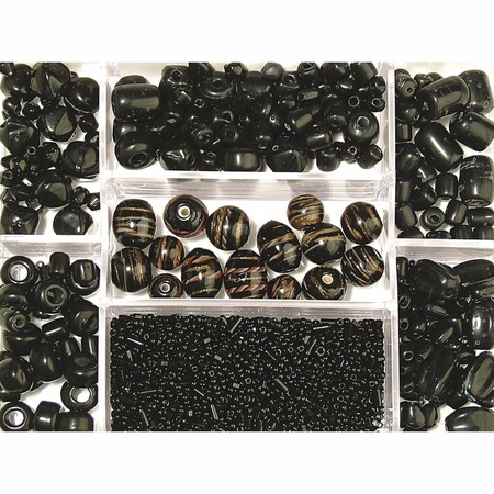 Zwarte glaskralen in opbergdoos 115 gram hobbymateriaal