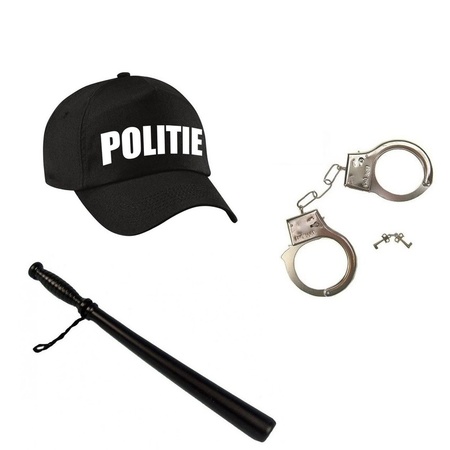 Zwarte politie agent verkleed pet met gummiknuppel en handboeien